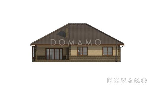 Проект одноэтажного дома из газобетона с облицовкой кирпичом с зоной барбекю на террасе  / Фасад 4