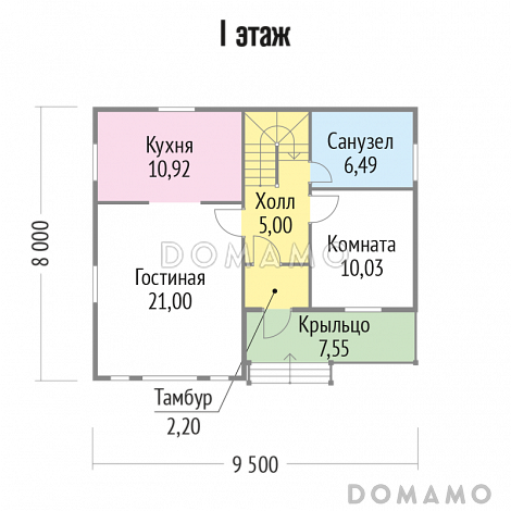 Проект яркого, каркасного дома с балконом на втором этаже / План 1 этажа