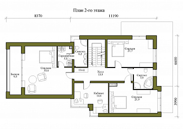 Проект трехэтажного дома в стиле хай-тек с гаражом на две машины и балконом над ним / План 2 этажа