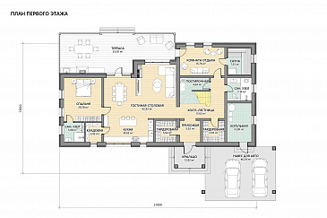 Проект мансардного дома из газобетона с террасой барбекю, автонавесом и сауной / План 1 этажа