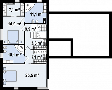Проект современного двухэтажного дома из кирпича с плоской крышей, с двумя спальнями и подземным гаражом / План 2 этажа