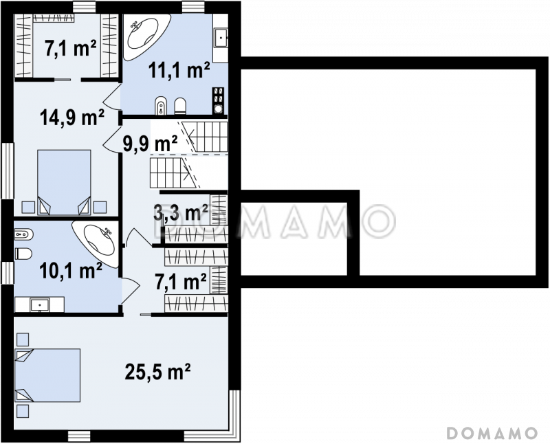 Проект современного двухэтажного дома из кирпича с плоской крышей, с двумя спальнями и подземным гаражом / План 2 этажа