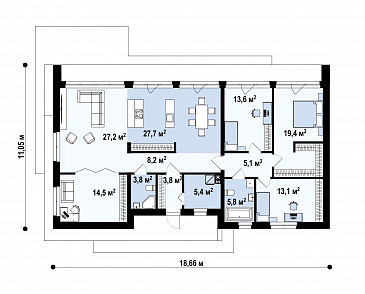Проект одноэтажного дома с тремя спальными комнатами с общим санузлом, кабинетом, просторной дневной зоной / План 1 этажа