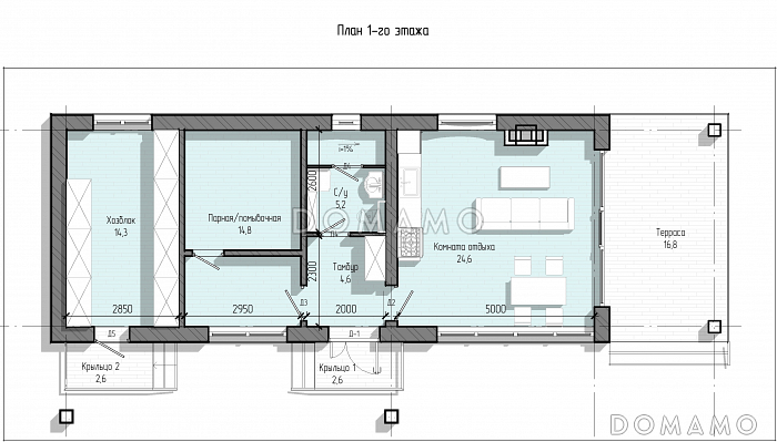 Проект бани с большой комнатой отдыха и крытой террасой / План 1 этажа
