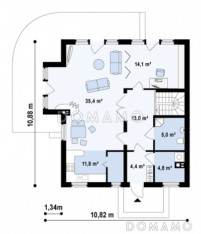 Проект одноэтажного мансардного дома из газобетона с эркером и большой площадью остекления в гостиной / План 1 этажа
