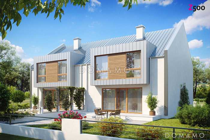 Проект современных мансардных домов-близнецов из кирпича с гаражом, тремя спальнями и красивым слуховым окном и балконом