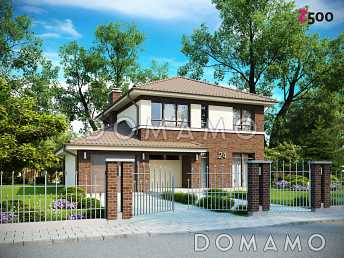 Проект современного каркасного двухэтажного дома с четырьмя спальнями, кабинетом и пристроенным гаражом