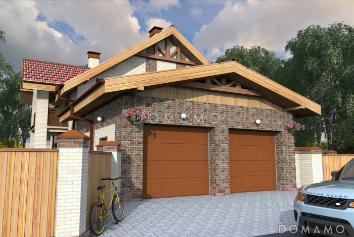 Проект дома с гаражом на две машины, просторной кухней-гостиной с выходом на террасу, гостевой спальней на первом этаже, балконами