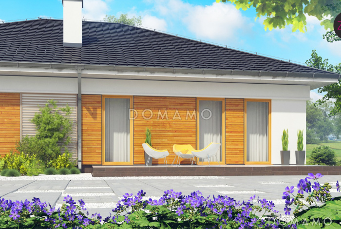 Проект одноэтажного дома из кирпича с кабинетом, двумя спальнями оснащёнными санузлами и гаражом на два автомобиля