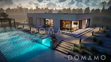 Проект одноэтажного дома из кирпича с просторной гостиной, мастер-спальней и гаражом на 2 машины