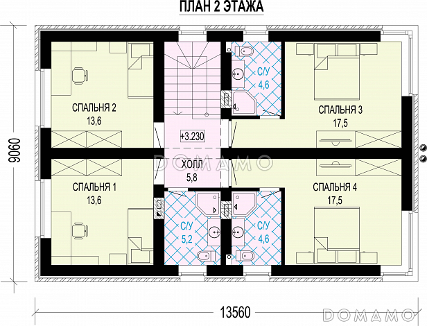 Проект современного двухэтажного дома с тремя мастер-спальнями, котельной и барбекю на террасе / План 2 этажа