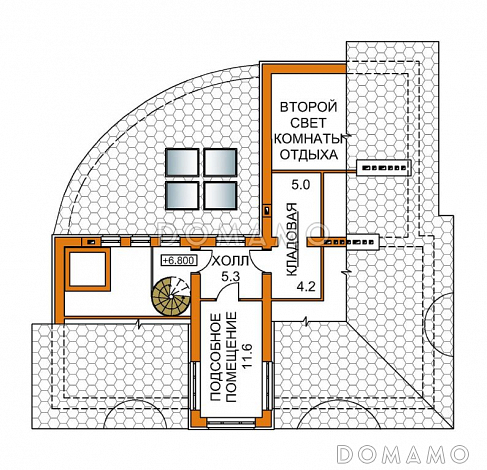 Проект четырехэтажного дома с необычной формой в плане, двусветной гостиной и бассейном / План мансардного этажа