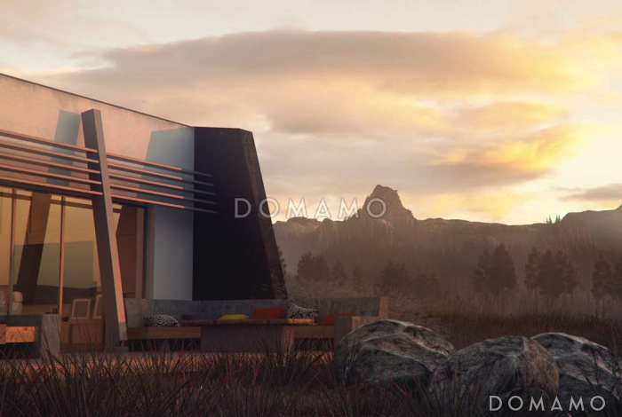 Проект современного одноэтажного дома из газобетона необычного дизайна с плоской крышей и с тремя спальнями