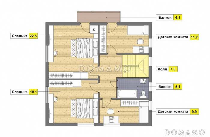 Проект каркасного дома с эркером и спальней на первом этаже / План мансардного этажа