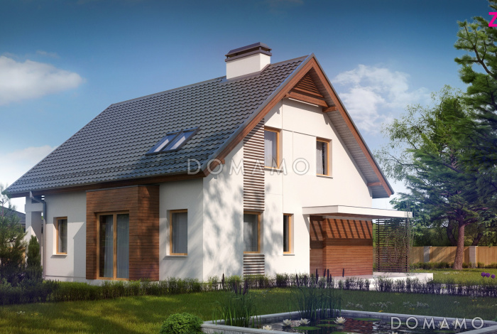 Проект одноэтажного дома из газобетона с мансардным этажом с прямоугольным эркером и балконом