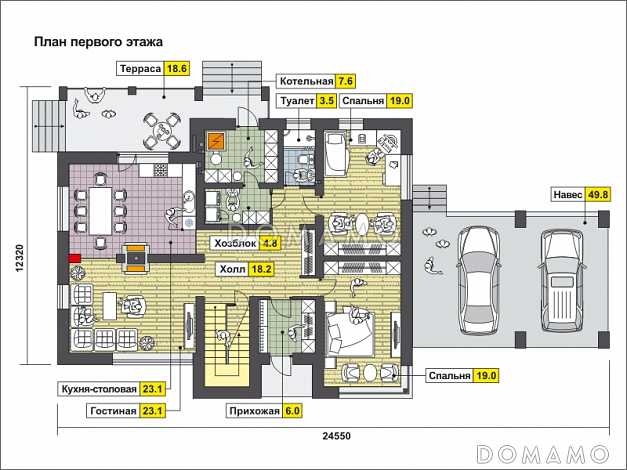 Проект загородного дома с навесом на две машины, двумя спальнями на первом этаже, террасой, вторым светом / План 1 этажа