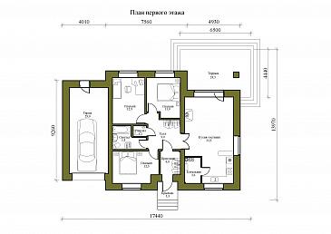 Проект одноэтажного кирпичного дома с тремя спальнями, гаражом и террасой / План 1 этажа
