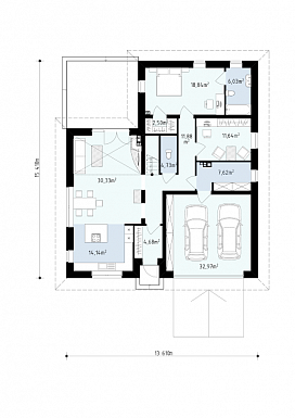 Проект просторного одноэтажного мансардного дома из газобетона с кабинетом, спальнями на обоих этаж и гаражом на два автомобиля  / План 1 этажа
