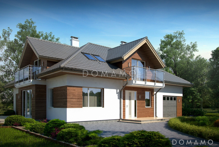 Проект просторного одноэтажного мансардного коттеджа из газобетона с гостевой спальней на первом этаже, кабинетом и гаражом