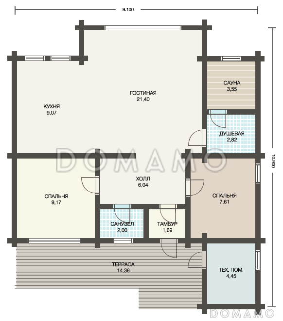Проект одноэтажного дачного дома из клееного бруса / План 1 этажа
