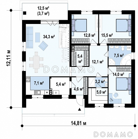 Проект современного дома с мансардным этажом, кладовой, душевой и сауной / План 1 этажа