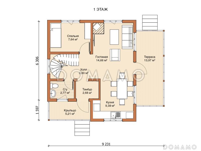 Двухэтажный дом «Гамма» (102 м2) / План 1 этажа