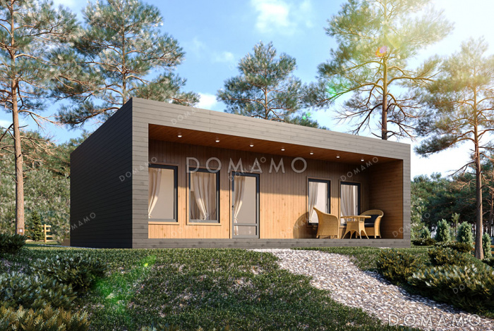 Проект маленького современного дома со стильной террасой, гостиной и кухней