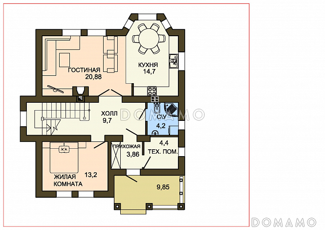 Проект облицованного кирпичом дома с панорамным эркером в кухне / План 1 этажа