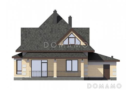 Проект дома из кирпича с гаражом, эркером в кухне, террасой / Фасад 3