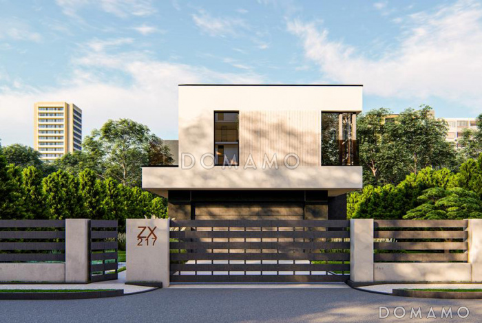 Проект двухэтажного дома с гаражом, угловой кухней, кабинетом, хозяйской спальней