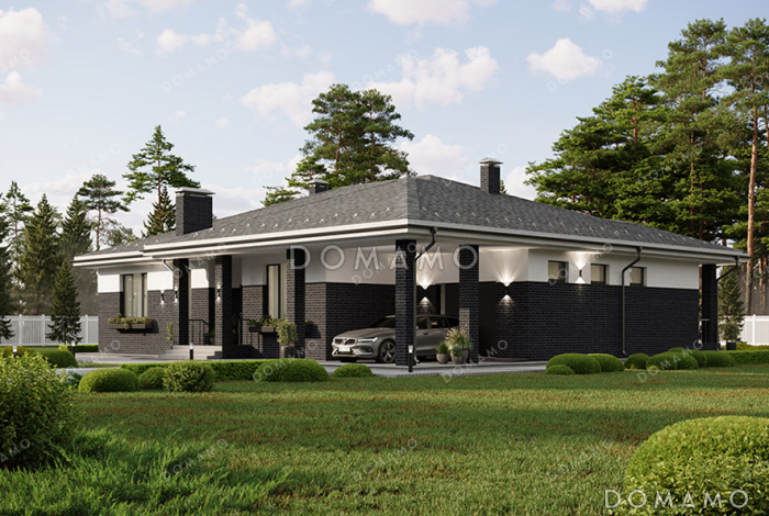 Проект большого одноэтажного дома с пристроенным гаражом, просторной кухней-гостиной, крытой застекленной верандой и навесом перед гаражом