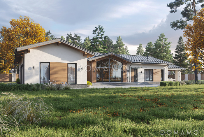 Проект одноэтажного кирпичного дома с четырьмя спальнями, просторной дневной зоной и застекленной террасой с барбекю