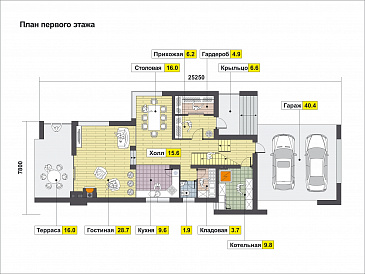 Проект дома с косой крышей, гаражом на две машины, просторной гостиной с камином, хозяйской спальней с камином и балконом, крытой террасой / План 1 этажа