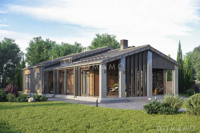 Проект каркасного дома в стиле барнхаус с 4 спальнями, кабинетом, террасой и теплой верандой