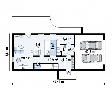 Проект современного двухэтажного дома из газобетона, с тремя спальнями, гаражом и террасой над ним / План 1 этажа
