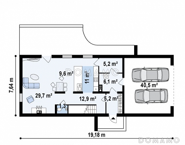 Проект современного двухэтажного дома из газобетона, с тремя спальнями, гаражом и террасой над ним / План 1 этажа