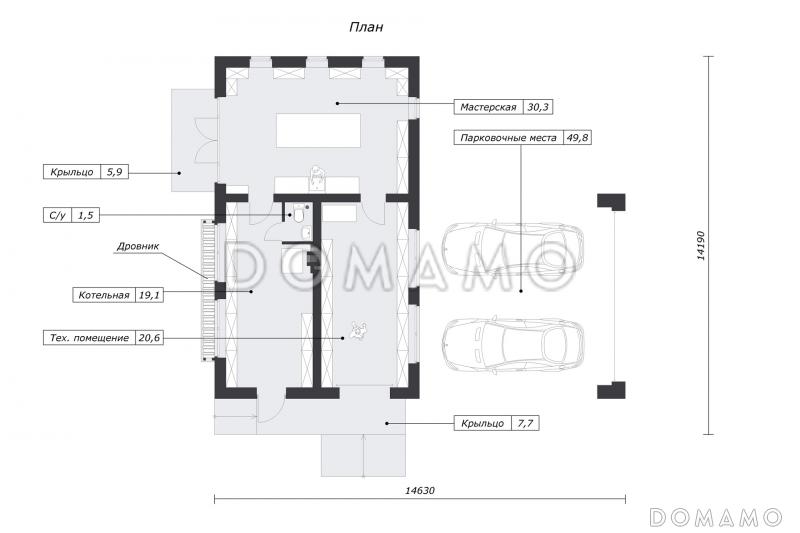 Проект хозблока с мастерской и навесом для двух машин / План