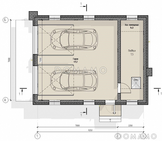 Проект современного гаража на 2 автомобиля с подвалом и хозяйственным помещением / План 1 этажа