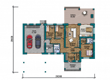 Проект дома с подвалом, гаражом, навесом, тремя спальнями и террасой / План 1 этажа