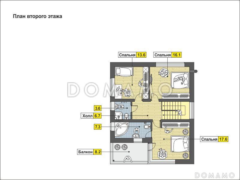 Проект дома из СИП панелей с навесом на две машины, крытой террасой, спальней на первом этаже, балконом / План мансардного этажа