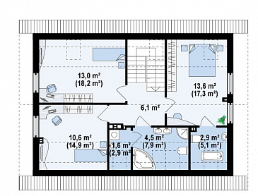 Проект одноэтажного мансардного дома из кирпича с дополнительной спальней и кабинетом на первом этаже / План мансардного этажа