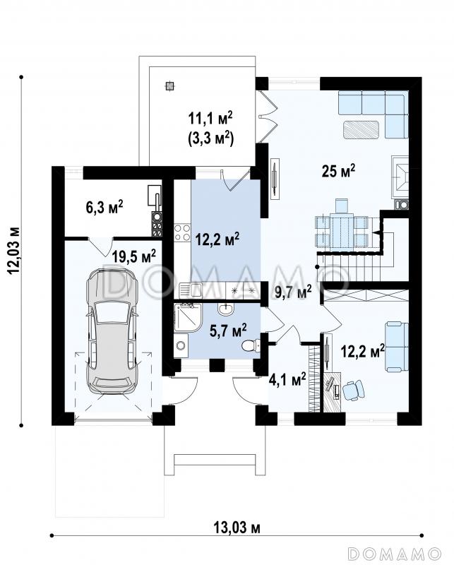 Проект двухэтажного дома с большим санузлом на первом этаже, кабинетом, гаражом на один автомобиль / План 1 этажа