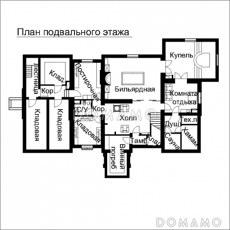 Проект двухэтажного дома с выступающими эркерами, балконами / План цокольного этажа