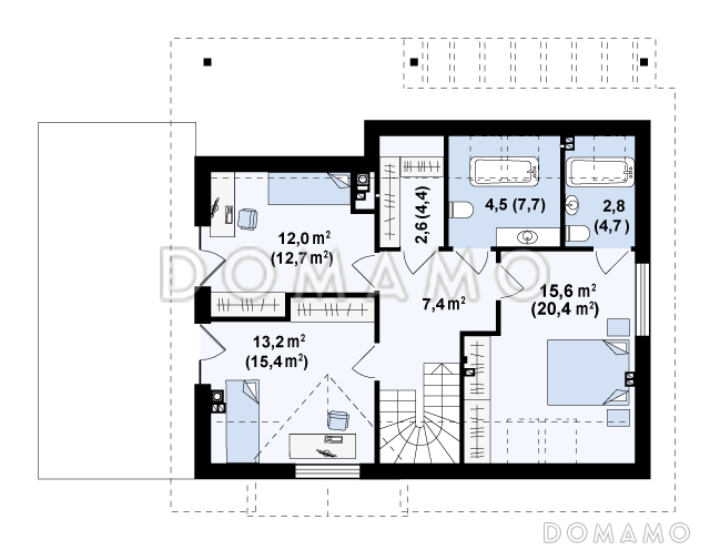 Проект одноэтажного мансардного дома из кирпича со встроенным гаражом и открытой террасой над ним / План мансардного этажа