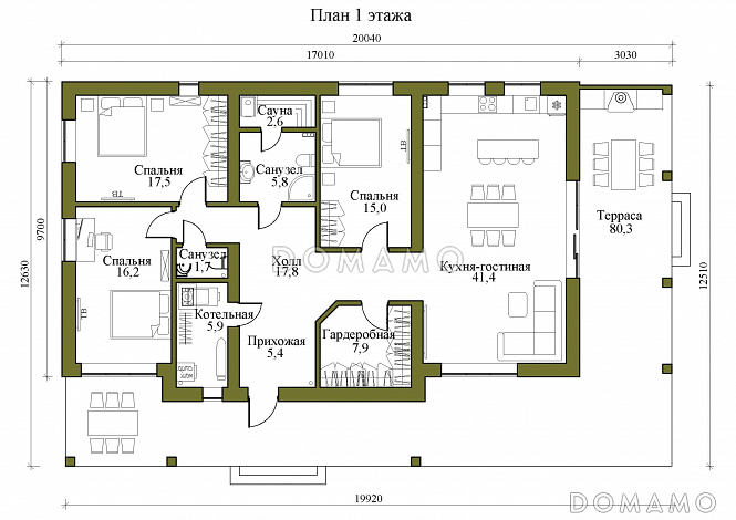 Проект одноэтажного газобетонного дома с сауной, просторной террасой и барбекю / План 1 этажа