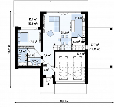 Проект современного двухуровневого дома из газобетона с несколькими террасами, двухместным гаражом и навесом / План 1 этажа