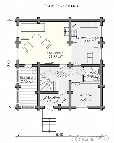 Проект дома с широким и удобным холлом на втором этаже / План 1 этажа