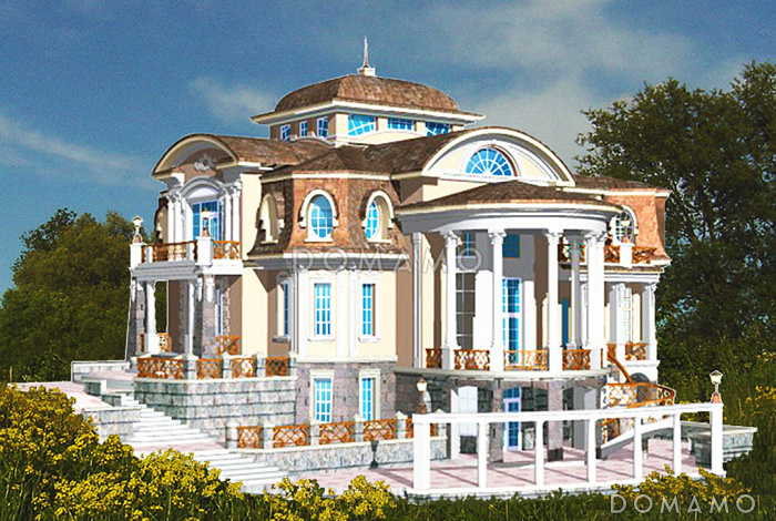 Проект парадного коттеджа с красивым холлом и террасой