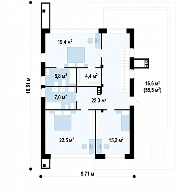 Проект дома из газобетона с 4 спальнями и большой гостиной, адаптированный для сейсмозоны / План 2 этажа