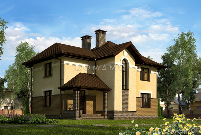 Проект дома c кухней-столовой, спальней на первом этаже, крытой террасой